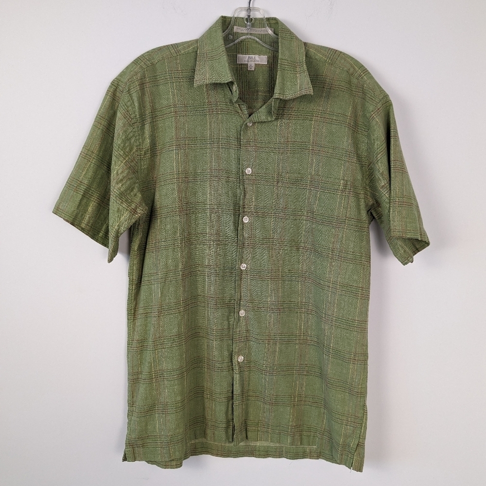 Bill Blass Green Plaid Short Sleeve Linen Blend Shirt Sz M Bohemian Cottagecore